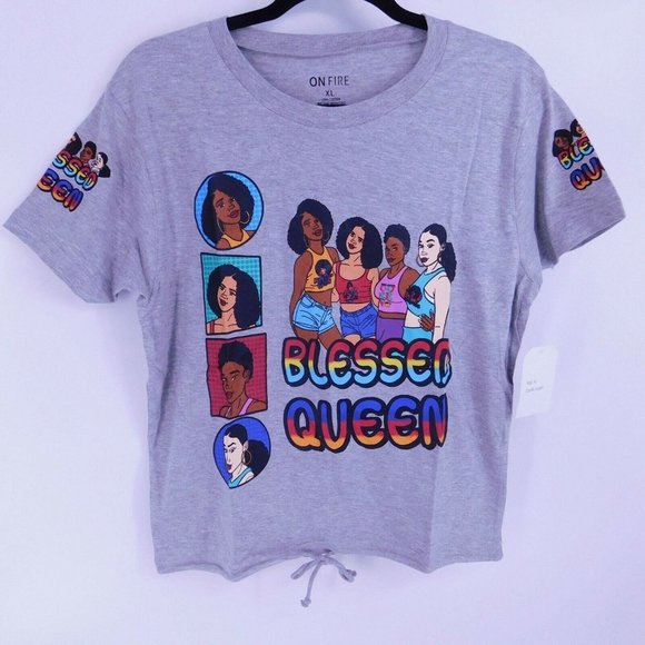 ON FIRE Tops - Blessed Queen Ethnic Graphic T-Shirt Juniors S M L XL Grey Drawstring